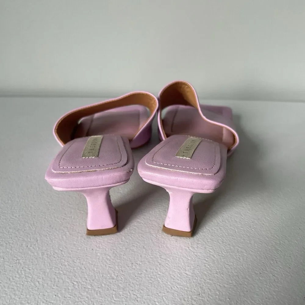 GLOW Leather Heels Square Toe Pink Purple Backless Slip On Women's Size 8